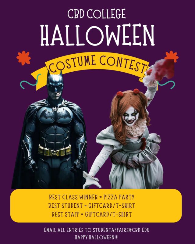 Happy Halloween CBD scholars! Letâ€™s see those costumes ðŸ‘»Take a picture and submit to Student Affairs for a chance at a prize ðŸ�† #costumecontest #cbdcollege #halloween